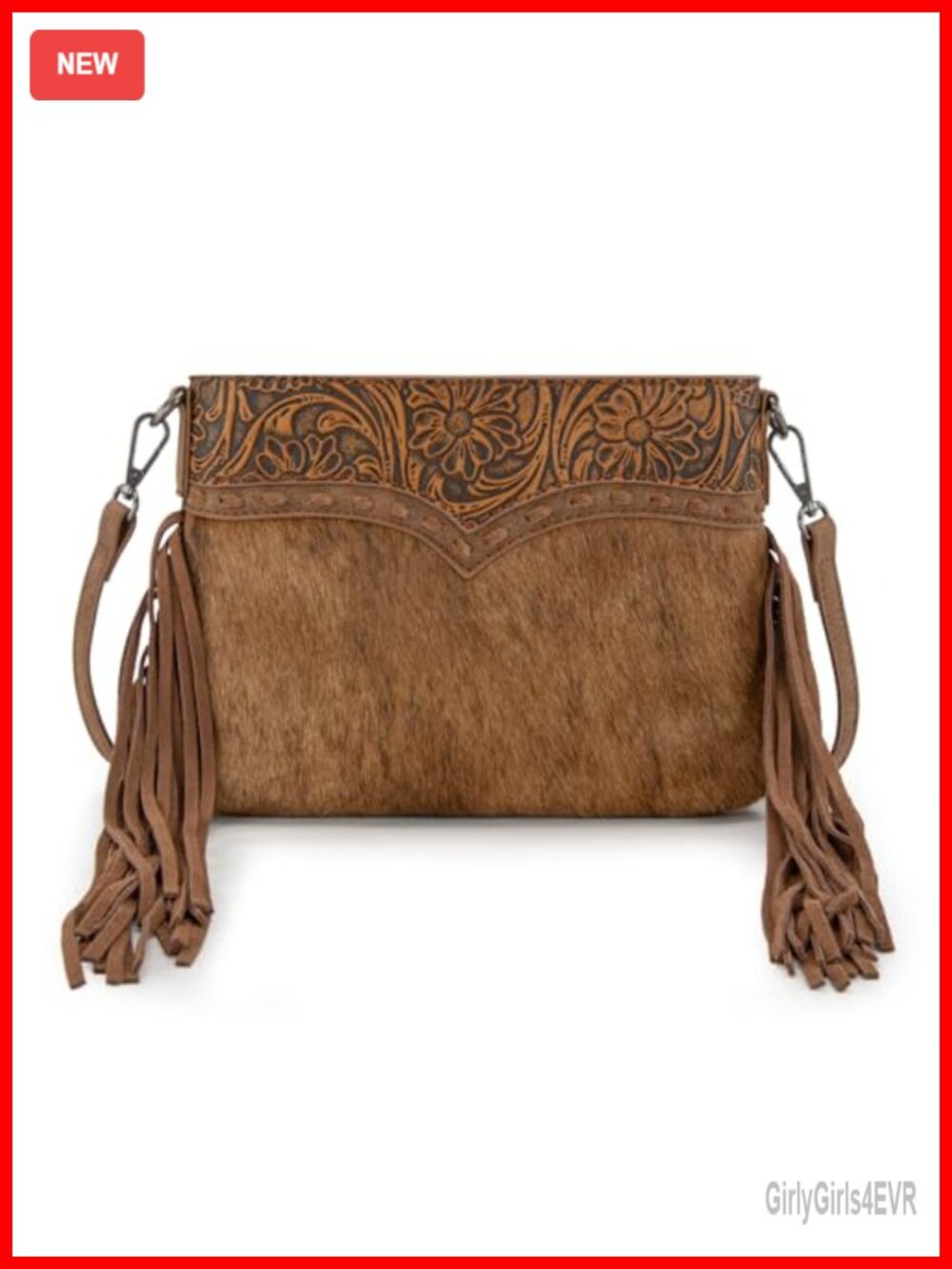 Genuine Hair-On Cowhide Crossbody Bag with Leather Fringe